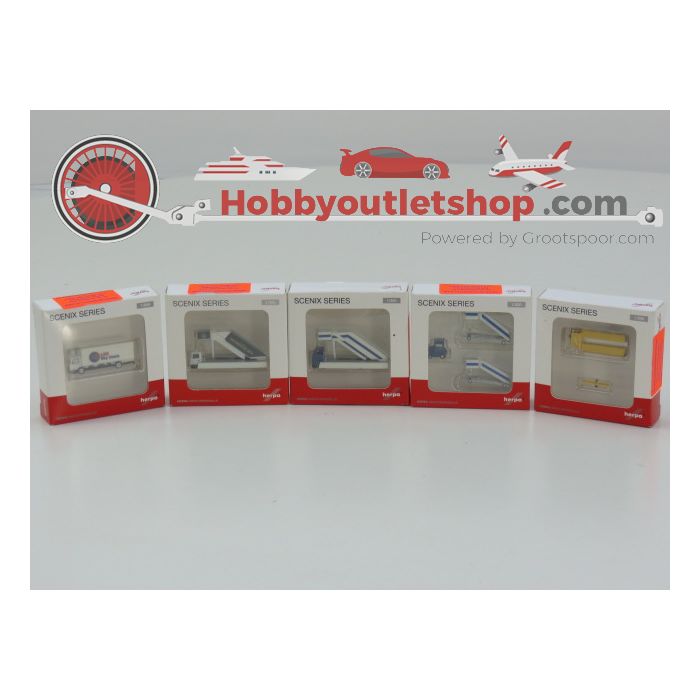 Schaal 1:200 HERPA Scenix Series Set of 5 Airport Vehicles ( 3 passenger stairs, catering truck and Tow Bear) #74