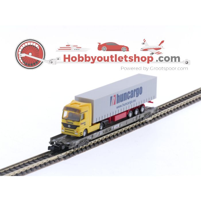 Schaal N Fleischmann 827308 lagevloerwagen met vrachtwagen van de HUPAC #5473