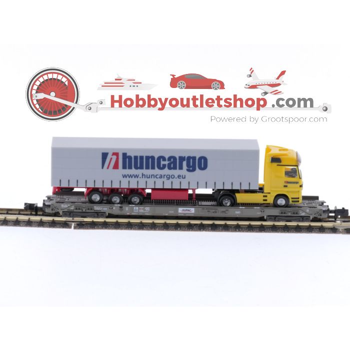 Schaal N Fleischmann 827308 lagevloerwagen met vrachtwagen van de HUPAC #5473