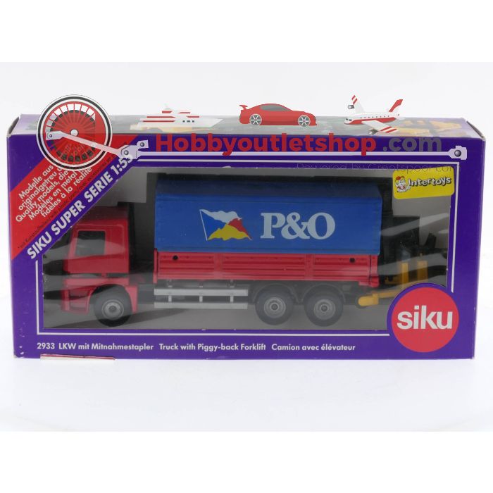 Schaal 1:55 Siku 2933 Rode Mercedes-Benz Actros Vrachtwagen met P&O Container en Gele Meeneemheftruck #5093