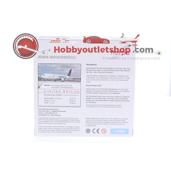 Schaal 1:500 Herpa 504430 Air Canada Boeing 767-300 "Free Spirit" Reg. C-GBZR #7237 - sku: 20250206014637 - Gebruikt - Nieuwstaat - Afbeelding 3