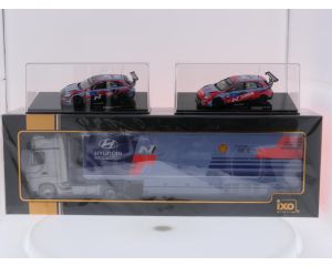 Schaal 1:43 IXO Models GTM140, GTM142 en TTR019 set van 2 Hyundai i30 M TCR rally wagens met Mercedes-Benz Actros MP4 vrachtwagen. Nieuw #9630