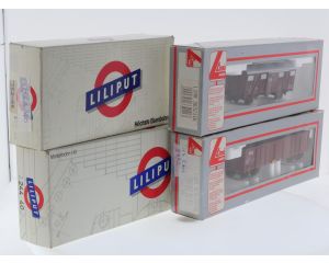 Schaal H0 Liliput 24440, 25340 met Lima 303211 en 8402 (Euro scale 5001) goederenwagens tijdperk IV-V van de NS #9704