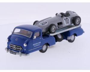 Schaal 1:43 Conrad 1034 Mercedes-Benz raceautotransporter 1955 met Brumm S023 Mercedes-Benz W196 GP Inghilterra 1955 #9808
