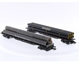 Schaal H0 Roco 46214 en 26781 Rongenwagens met buizen met lading van de DB #5136