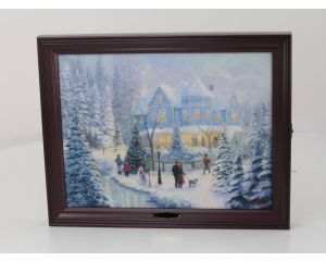 Thomas Kinkade "A Christmas Homecoming" Lit Canvas Print met gekleurde verlichting, glitter, kerstmuziek en een houten lijst. Nr. A1185 #4596