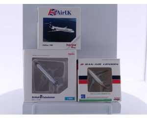 Schaal 1:500 Inflight 500 Dan Air London-G-BLDE Boeing 737-200, Herpa 509244 Fokker 100 en Herpa 523295 BAC 1-11-500 #4660