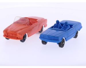 Schaal 1:43 Vintage Tomte Laerdal Stavanger Noorwegen Peugeot 403 en een Tomte Laerdal Stavanger Noorwegen Mercedes Cabriolet in blauw, speelgoedauto's jaren 1960 #4674 