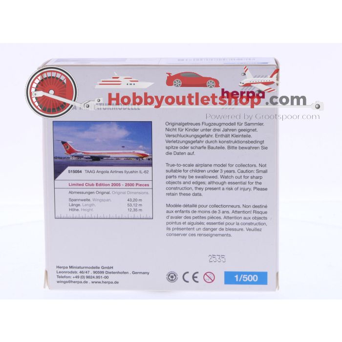 Schaal 1:500 Herpa 515054 TAAG Angola Airlines Ilyushin IL-62 Reg.Nr. D2-TIF #6492 - sku: 20241025040628 - Gebruikt - Nieuwstaat - Afbeelding 3