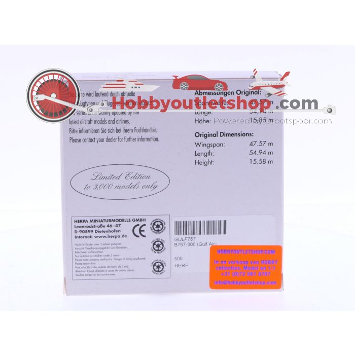 Schaal 1:500 Herpa GULF767 Gulf Air Boeing 767-300ER Reg.Nr. A40-GI #7053 - sku: 20241121084929 - Gebruikt - Nieuwstaat - Afbeelding 3