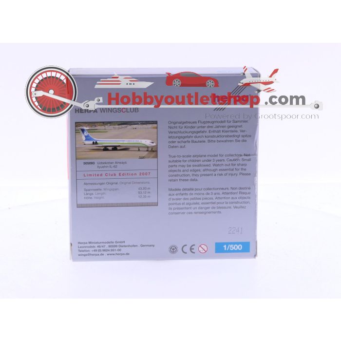 Schaal 1:500 Herpa 505093 Uzbekistan Airways Ilyushin IL-62 Limited Club Edition 2007 Reg.Nr. UK-86573 #7070 - sku: 20241121021358 - Gebruikt - Nieuwstaat - Afbeelding 3