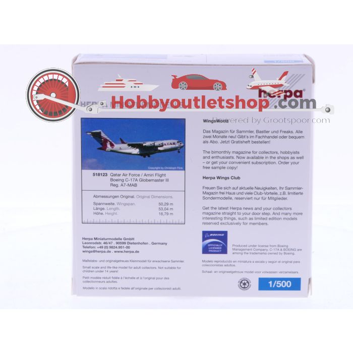 Schaal 1:500 Herpa 518123 Qatar Air Force / Amiri Flight Boeing C-17A Globemaster III Reg.Nr. A7-MAB #7099 - sku: 20241213090612 - Gebruikt - Nieuwstaat - Afbeelding 3