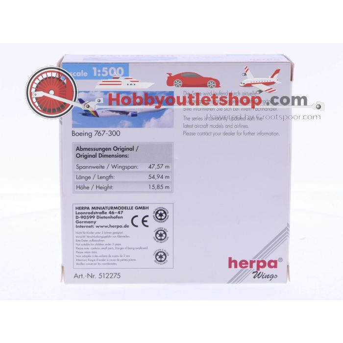 Schaal 1:500 Herpa 512275 TransBrasil Boeing 767-300 Reg.Nr. GR #7100