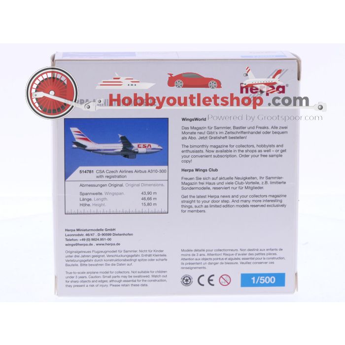 Schaal 1:500 Herpa 514781 CSA Czech Airlines Airbus A310-300 Reg.Nr. OK-WAA #7102