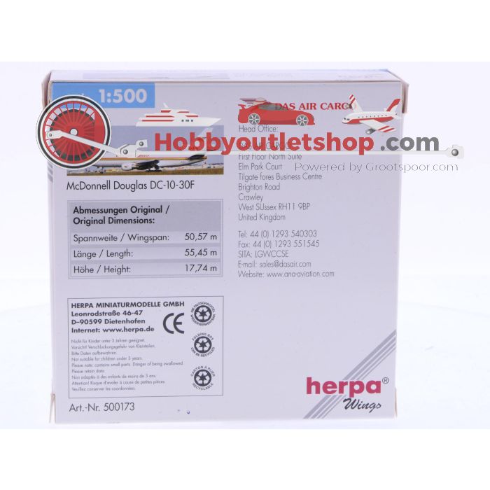 Schaal 1:500 Herpa 500173 DAS Air Cargo McDonnell Douglas DC-10-30F Reg. N800WR #7104