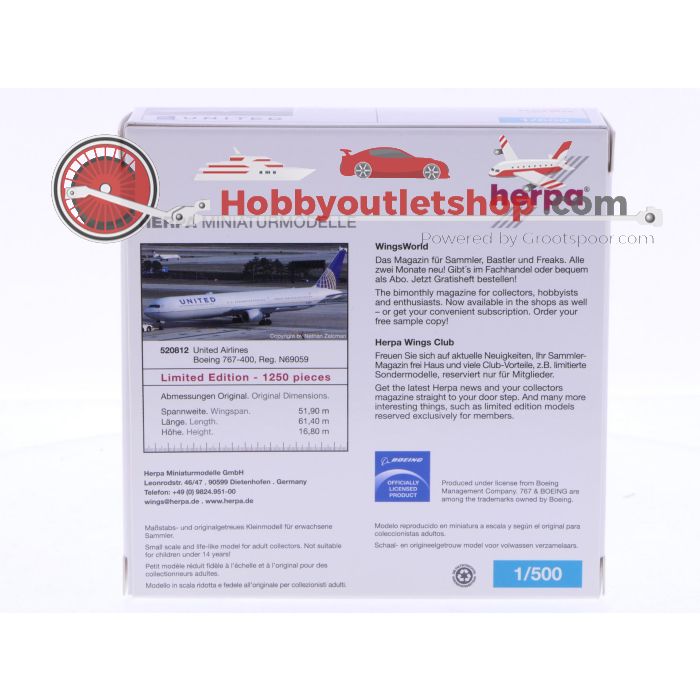 Schaal 1:500 Herpa 520812 United Airlines Boeing 767-400 Reg. N69059 #7108
