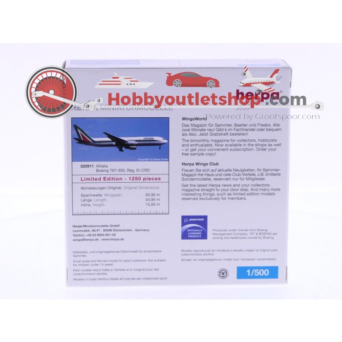 Schaal 1:500 Herpa 520911 Alitalia Boeing 767-300 Reg. EI-CRD #7112 - sku: 20241213025545 - Gebruikt - Nieuwstaat - Afbeelding 3