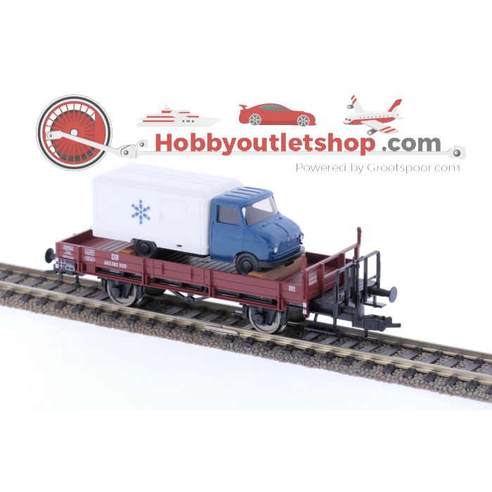 Schaal H0 Fleischmann 83 5253k Lageboordwagen met vrachtwagen van de DB #6727
