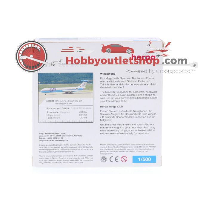 Schaal 1:500 Herpa 515009 SAT Airlines Ilyushin IL-62 Reg. RA-86566 #7174 - sku: 20250121104555 - Gebruikt - Nieuwstaat - Afbeelding 3