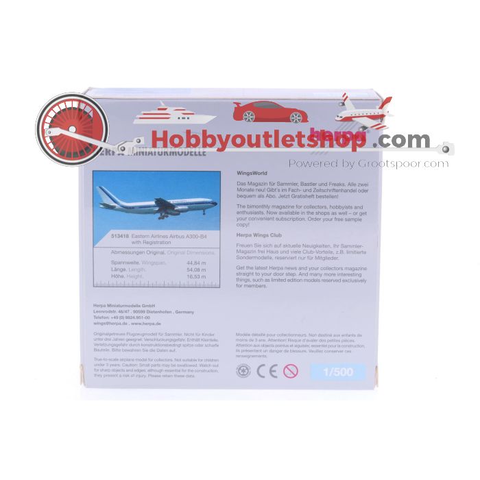 Schaal 1:500 Herpa 513418 Eastern Airbus A300-B4 Reg. N223EA #7243