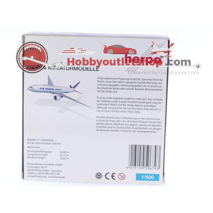 Schaal 1:500 Herpa 506793 Air France Cargo Boeing 777 Freighter Reg. F-GUOA #7328