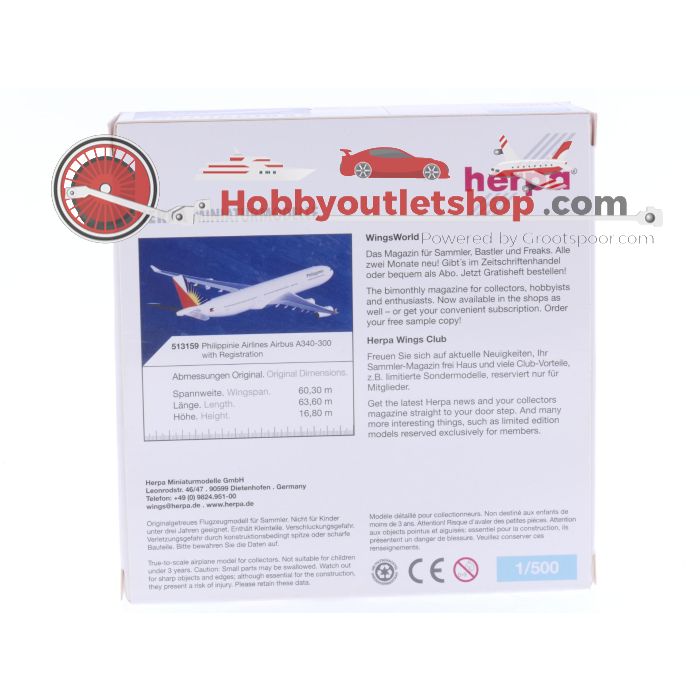 Schaal 1:500 Herpa 513159 Philippine Airlines Airbus A340-300 Reg. F-OHPJ #7342 - sku: 20250328122746 - Gebruikt - Zo goed als nieuw - Afbeelding 2