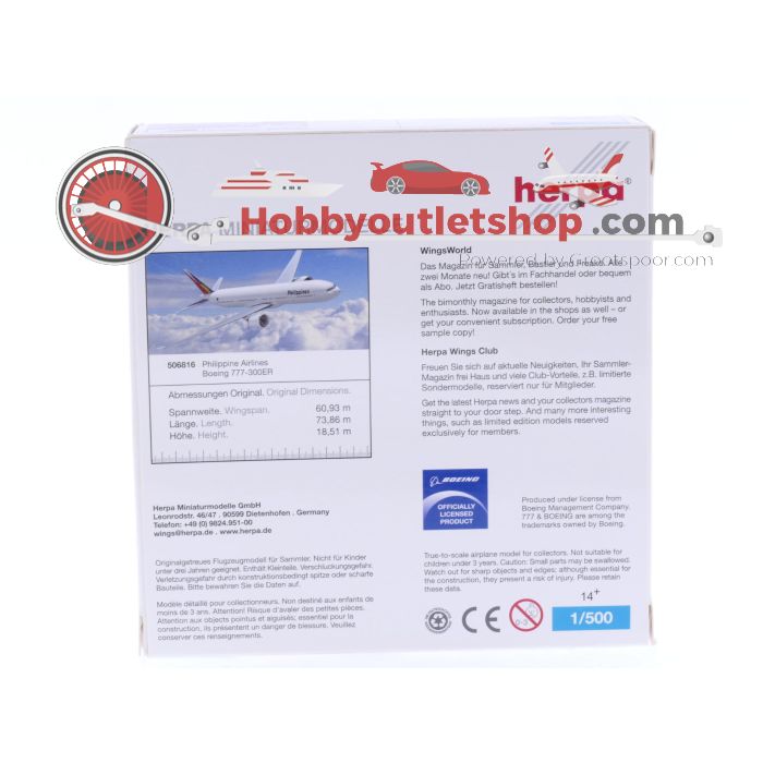Schaal 1:500 Herpa 506816 Philippine Airlines Boeing 777-300ER Reg. RP-C7773 #7343 - sku: 20250328011658 - Gebruikt - Zo goed als nieuw - Afbeelding 2