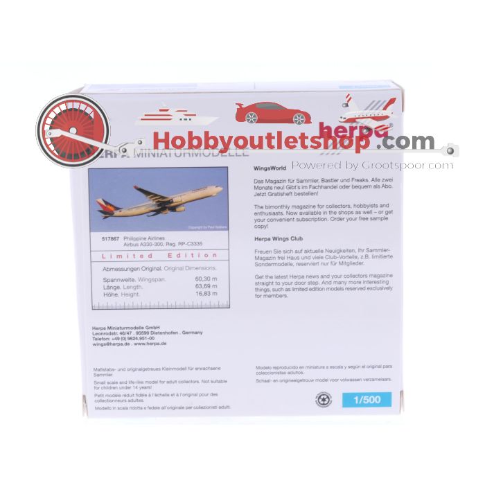 Schaal 1:500 Herpa 517867 Philippine Airlines Airbus A330-300 Reg. RP-C3335 #7344 - sku: 20250328014239 - Gebruikt - Zo goed als nieuw - Afbeelding 2