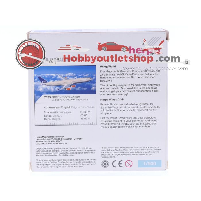 Schaal 1:500 Herpa 507356 SAS - Scandinavian Airlines Airbus A340-300 Reg. SE-REA #7345