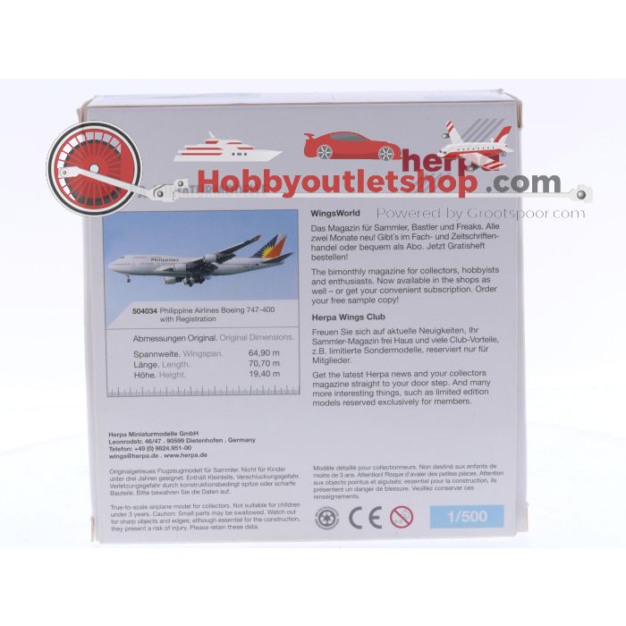 Schaal 1:500 Herpa 504034 Philippine Airlines Boeing 747-400 Reg. N751PR #7346 - sku: 20250328035914 - Gebruikt - Zo goed als nieuw - Afbeelding 2