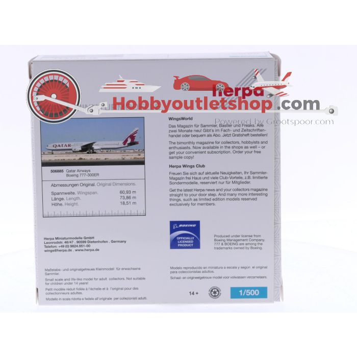 Schaal 1:500 Herpa 506885 Qatar Airways Boeing 777-300ER Reg. A7-BAB #7354