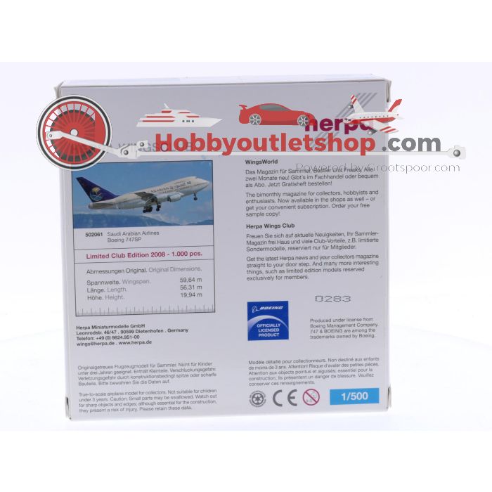 Schaal 1:500 Herpa 502061 Saudi Arabian Airlines Boeing 747SP Reg. HZ-AIF Limited Club Edition 2008 #7355 - sku: 20250401091628 - Gebruikt - Zo goed als nieuw - Afbeelding 2