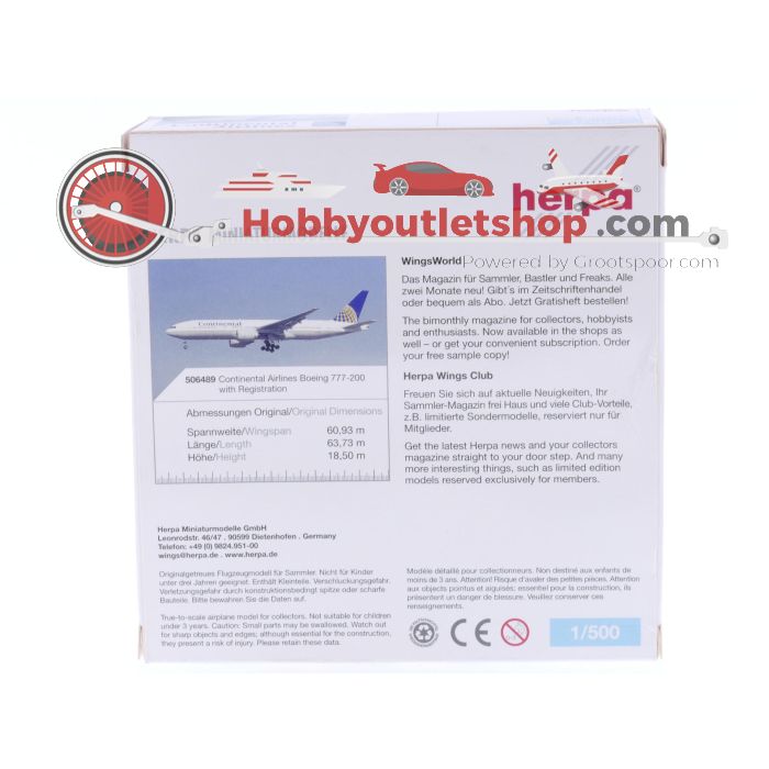 Schaal 1:500 Herpa 506489 Continental Airlines Boeing 777-200 Reg. N78005 #7358