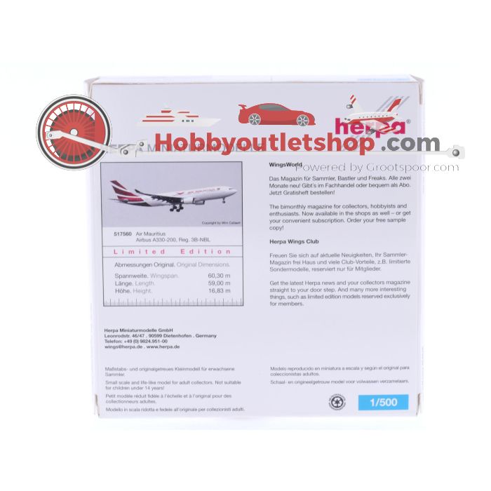 Schaal 1:500 Herpa 517560 Air Mauritius Airbus A330-200	Reg. 3B-NBL #7382 - sku: 20250402021755 - Gebruikt - Zo goed als nieuw - Afbeelding 2