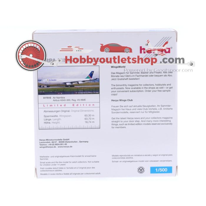 Schaal 1:500 Herpa 517515 Air Namibia Airbus A340-300 Reg. V5-NME #7383 - sku: 20250402022608 - Gebruikt - Zo goed als nieuw - Afbeelding 2