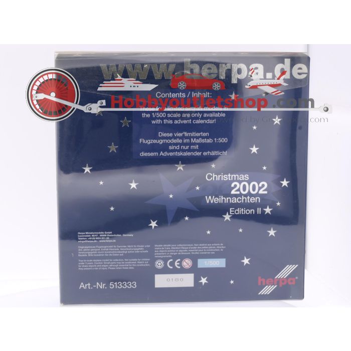 Schaal 1:500 Herpa 513333 Christmas 2002 - Edition 2 A310-300+B757-200+B737-200+V812 Air Plu Comet+Aeromexico+Ryanair+Cont. #7412 - sku: 20250408094107 - Gebruikt - Zo goed als nieuw - Afbeelding 2