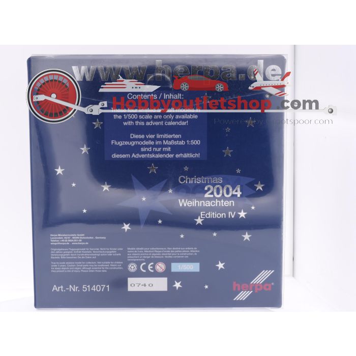 Schaal 1:500 Herpa 514071 Christmas 2004 - Edition 4 B377+Il-76TD+Ju-52/3m+V784 Pan Am+Atlant-Soyuz Airlines+Philippines Airlines #7414 - sku: 20250408101304 - Gebruikt - Zo goed als nieuw - Afbeelding 2