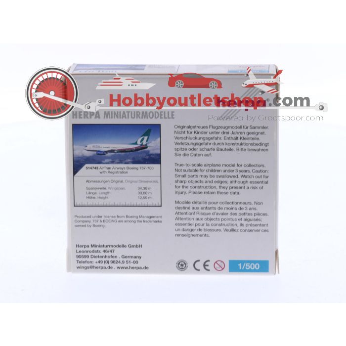 Schaal 1:500 Herpa 514743 AirTran Airways Boeing 737-700 Reg. N126AT #7436 - sku: 20250410112632 - Gebruikt - Zo goed als nieuw - Afbeelding 2