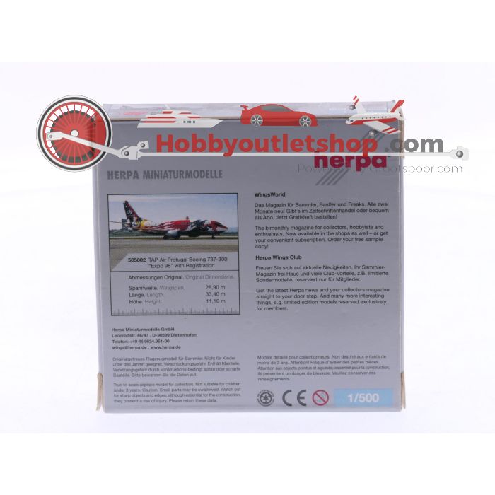 Schaal 1:500 Herpa 505802 TAP - Air Portugal "Expo '98" Boeing 737-300 Reg. CS-TIB #7439 - sku: 20250410120704 - Gebruikt - Zo goed als nieuw - Afbeelding 2