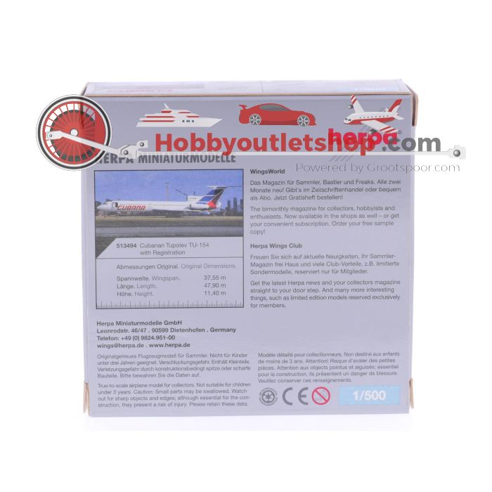 Schaal 1:500 Herpa 513494 Cubana Tupolev TU-154 Reg. CU-T1256 #7576