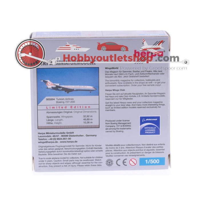 Schaal 1:500 Herpa 503204 Turkish Airlines Boeing 727-200 Reg. TC-JBG #7581