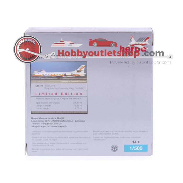Schaal 1:500 Herpa 515474 AeroLloyd Sud Aviation Caravelle Reg. D-ABAK #7583