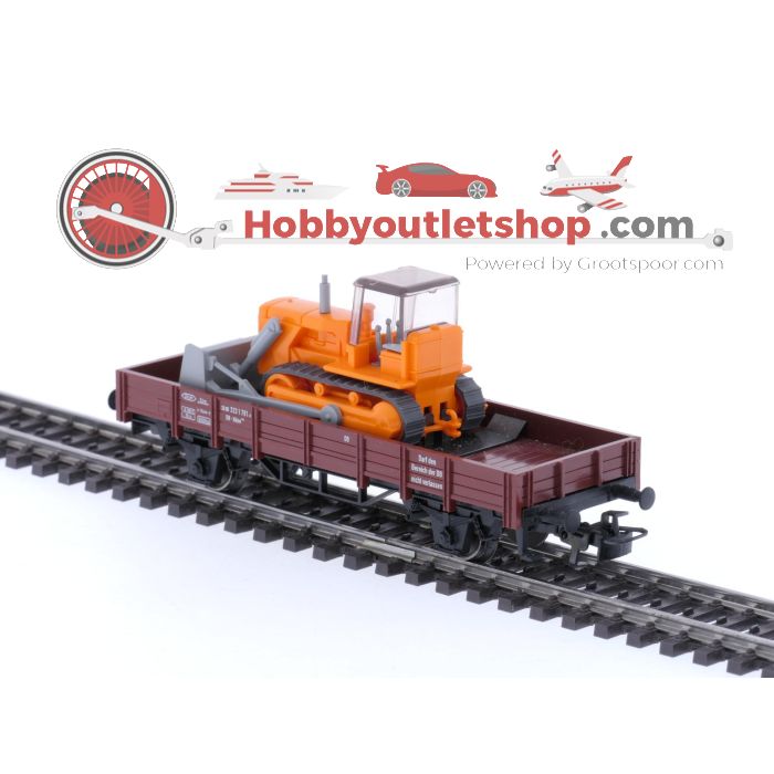 Schaal H0 Märklin 4424 Lageboordwagen met bulldozer van de DB #7598