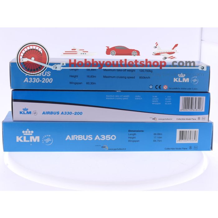 Schaal 1:200 PPC Holland 26267, 648426 en 703856 set van 3 KLM vliegtuigen Airbus A330200 Reg. PH-AOA, A330-200 Reg. PH-KLM en A350 Reg. N/A #7883