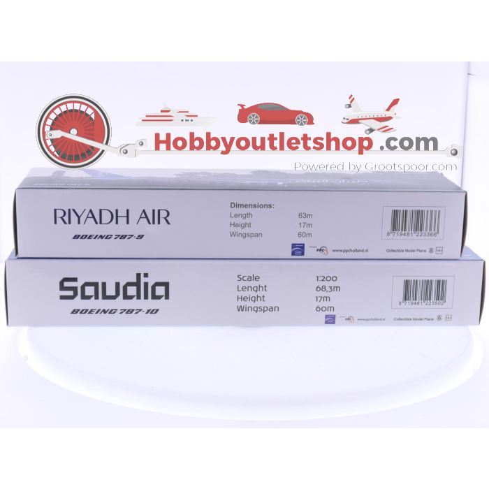 Schaal 1:200 PPC Holland 223366 en 223502 set van 2 Saudi Arabian vliegtuigen Boeing 787-9 Reg. N872C en Boeing 787-10 Reg. HZ-AR32 #7885