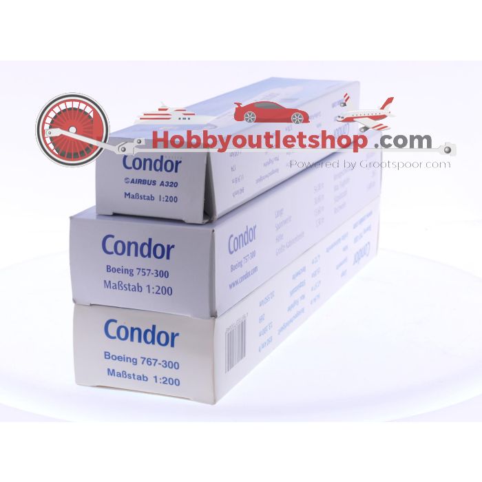 Schaal 1:200 set van 3 Condor-vliegtuigen Airbus A320 'Thomas Cook' Reg. D-ICG, Boeing 757-300 'Thomas Cook' Reg. D-ABOF en Boeing 767-300 'Thomas Cook' Reg. D-ABUF #8037