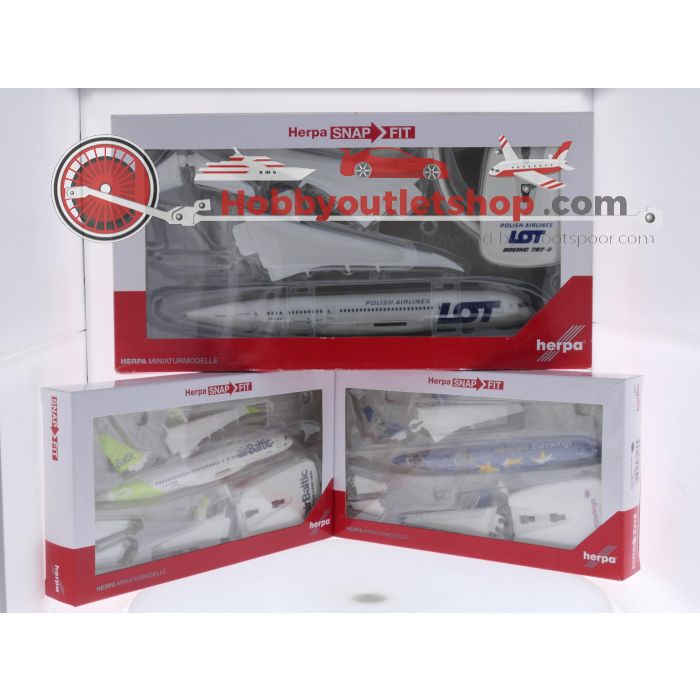 Schaal 1:200 Herpa snap-fit 611695, 613637 en 609494 Airbus A320 Eurowings Europark Reg. D-ABDQ, Airbus A220-300 airBaltic Reg. YL-AAZ en Boeing 787-8 LOT Reg. SP-LRA #8065