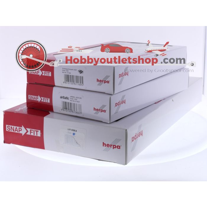 Schaal 1:200 Herpa snap-fit 611695, 613637 en 609494 Airbus A320 Eurowings Europark Reg. D-ABDQ, Airbus A220-300 airBaltic Reg. YL-AAZ en Boeing 787-8 LOT Reg. SP-LRA #8065