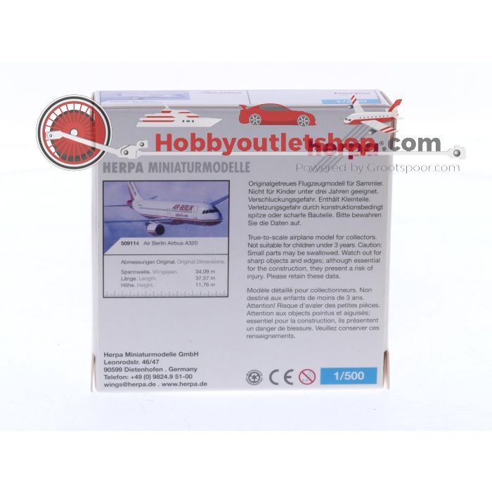 Schaal 1:500 Herpa 509114 Airbus 320 Air Berlin 'AirBerlin.com' Reg. D-ABDA #8308