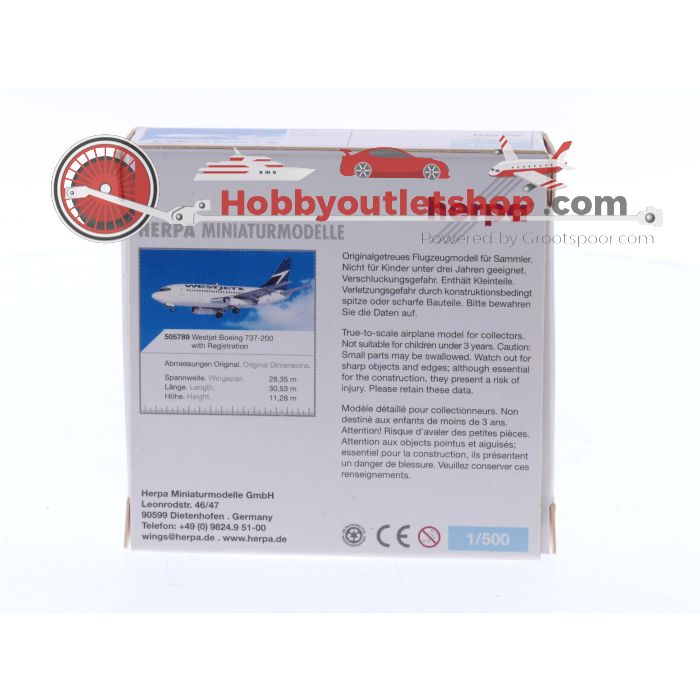 Schaal 1:500 Herpa 505789 Boeing 737-200 Westjet Reg. C-GWJE #8323
